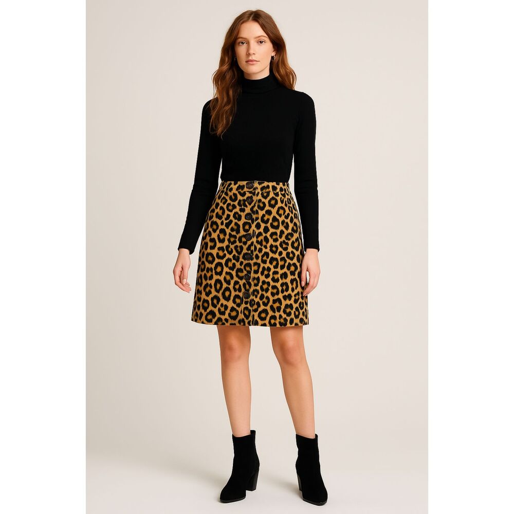 Cheetah Print Linen Cotton Button Front Pencil Skirt Sz 8 Lauren Ralph Lauren